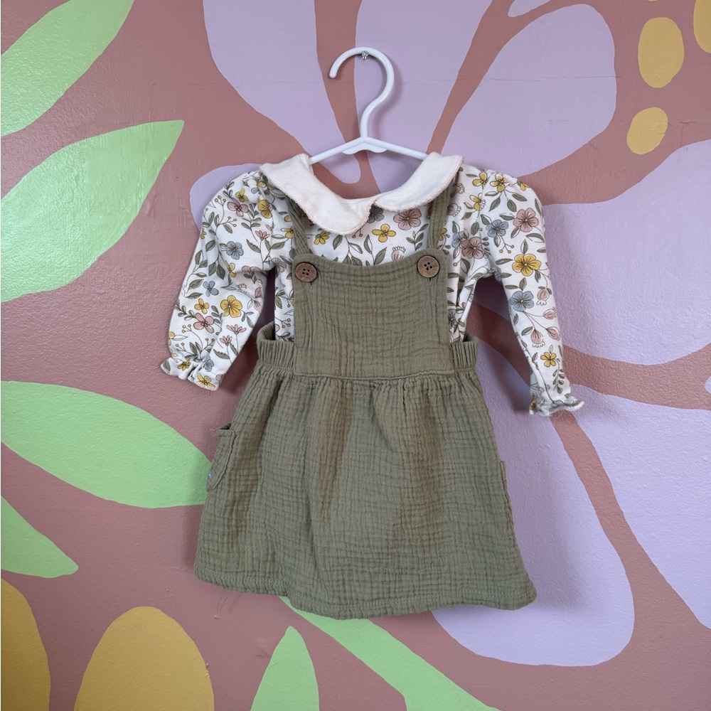 Floral Top with Olive Green Pinafore and Matching Socks